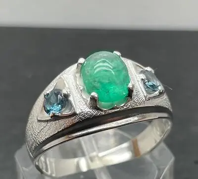 2.175 Ct Emerald + London Topaz .925 Sterling Silver Mens Ring Size 11.75 4.8 Gr • $125