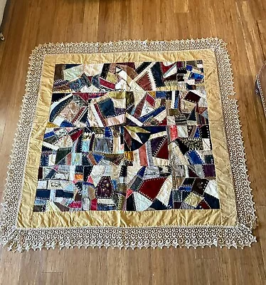 Antique Crazy Quilt C1800s  Embroidery Dog Flowers YWCA Handmade Signed Lace • $325