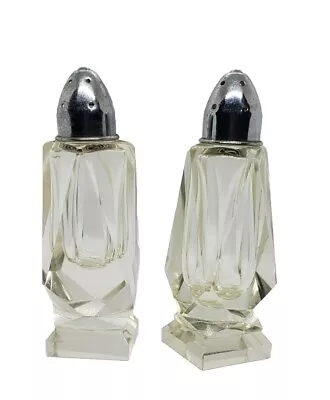 Vintage Heavy Glass Salt Pepper Shakers Art Deco Clear 3.75 Inch Square Base • $20