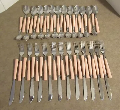 Set Of 48 Vintage 1960's Stainless China Pink Plastic Handle Flatware Silverware • $34