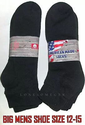 6 Pairs BIG MENS Shoe 12-15 Cotton Lightly Cushioned Black Ankle Socks USA Made • $21.95