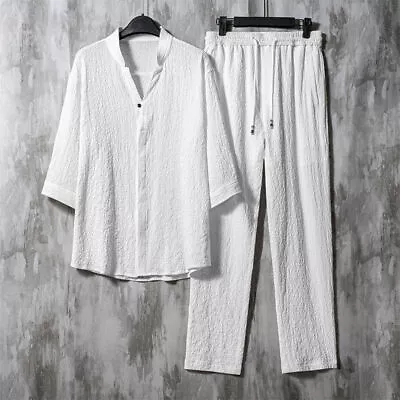 2Pc Summer Men's Cotton Linen Walking Suit Short Sleeve Casual Shirt & Pants Set • $35.45