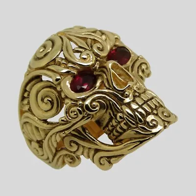 Mexican Sugar Skull 14K Gold Ring Biker Memento Mori Handmade All Size Red Еyes • $2890