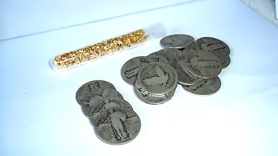 Lot Of 4 Silver Standing Liberty Quarters Plus Vial Filled W/Gold Flakes Free Sh • $28