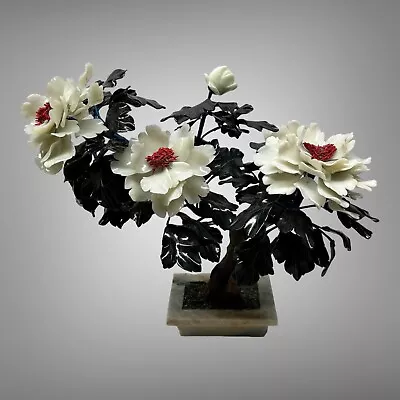 Vintage MCM Chinese Sculpture Jade Stone White High Blossom Bonsai Tree • $427.31