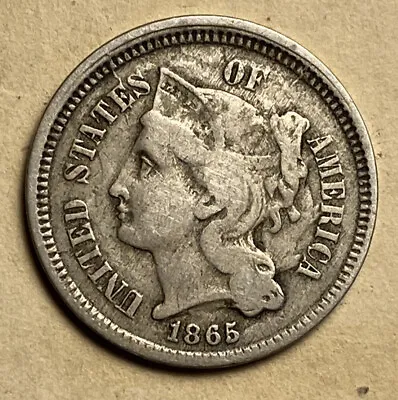 $19.99 • Buy 1865 US 3c THREE CENT NICKEL Scarce Type Coin!