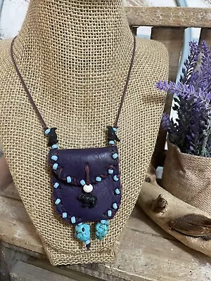 Bear Turqoise Embellished Medicine Bag Pouch Purple Leather Slide Necklace NEW! • $24.88