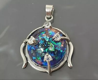 Vintage Opal Lucite Rhinestone Silver Tone Pendant • $25