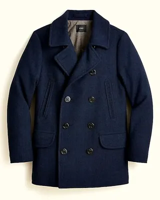 NWT J Crew Men's L Dock Peacoat Navy Herringbone Double Breasted Wool Coat  • $554.99