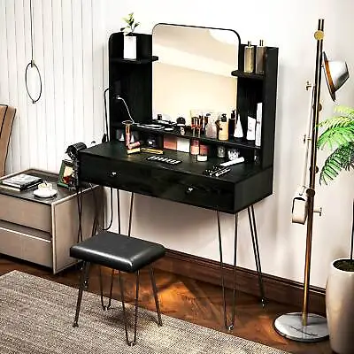 Dressing Table Makeup Vanity Table Set With Mirror + Power Outlets +Vanity Stool • $139.99