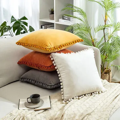 £6.99 • Buy 2x Luxury Soft Velvet Cushion Covers Pom Poms 18x18 Pillow Case Home Decor Sofa