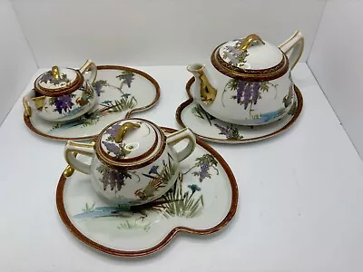 VINTAGE Eggshell Japanese Tea Set Signed  HAND PAINTED ACCENTS Stunning! • $29.99