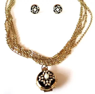 Rare Coro Vintage Set Black Goldtone Pearl Necklace / Locket Screwback Earrings • $179