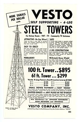 QST Ham Radio Magazine Print Ad For VESTO STEEL TOWERS (2/1955) • $11.14