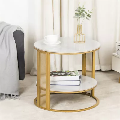 2 Tier Large Round Coffee Table Marble Accent Table Sofa Side Table Bedside Desk • £59.93