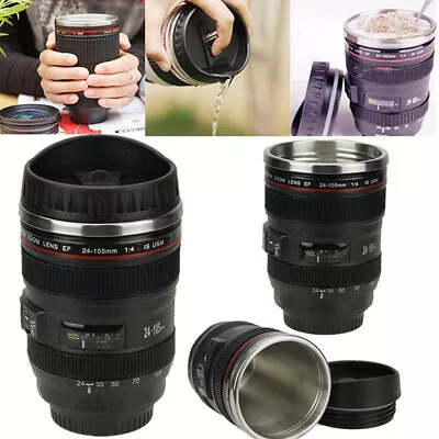 Camera Lens Mug Coffee Tea Stainless Steel Travel Cup Thermos Flask Sipping Lid • £9.84