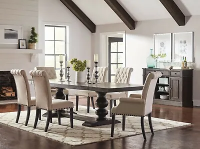 7 Pc Formal 10 Ft Trestle Dining Table & Tufted Beige Linen Chairs Furniture Set • $1799