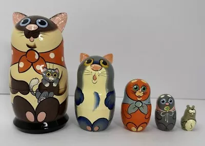 Russian Matryoshka Nesting Dolls 5 Pcs Cats & Mouse Hand Painted Whimsical READ • $27.99