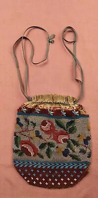 Antique Mid 19th C Floral Glass Beaded Bag W Drawstring Top • $59