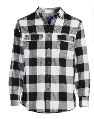 NEW Mens George Large 42-44 Flannel Shirt Black White Buffalo Plaid Super Soft • $9.99