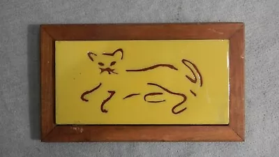 Vintage Ceramic Cat Tile Wood Frame Wall Art Yellow Background 9.5  X 5.5  • $17.88