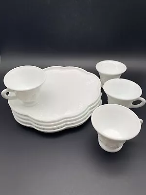 Vintage Indiana Colony Milk Glass Harvest Grape Snack Luncheon Cup Plate 8pc Set • $30