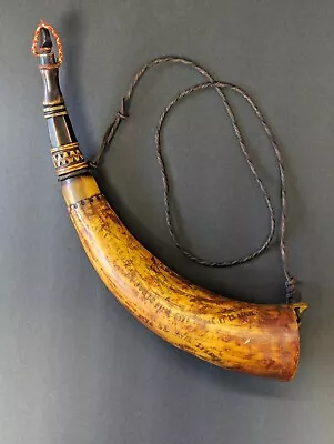Large Detailed Scrimshaw Powder Horn 16   Wooden Stoppers Twisted Leather Strap • $240