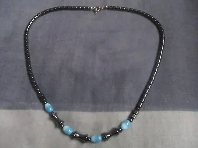 Hematite & Blue Glass Bead Necklace - 19.5 Inch (1133) • £1.99