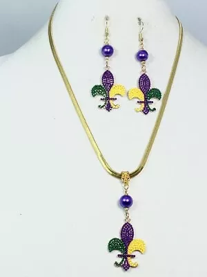 Purple Green And Gold Fleur Dis Lis Jewelry Set - Mardi Gras Jewelry Set - • $40