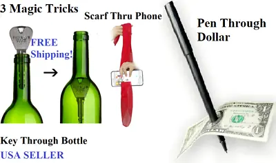 THREE Magic Tricks Key Through Bottle & Scarf Through Phone & Pen Through Dollar • $10.45