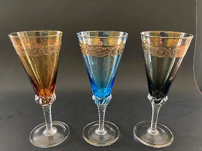 Set Of 3 MURANO Glass Venetian Cordial Wine Glasses Tre Fuochi Blue Grn Gold 7  • $39.95