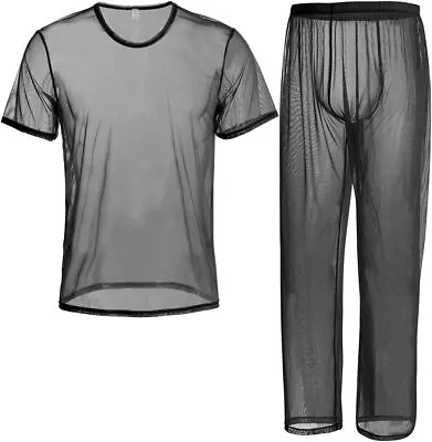 Zonbailon Mens See Through Pajamas Set Mesh Sheer Muscle T Shirt Lounge Pants • $40.84