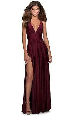 La Femme Dark Berry Plunge Neck A-Line Gown Size 10 Orig $328 • $88