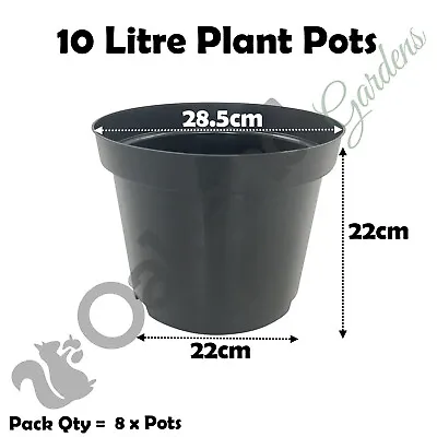 10 Litre Black Plant Pots Plastic Round Flower Pot  L LT High Quality Qty = 8 • £12.45