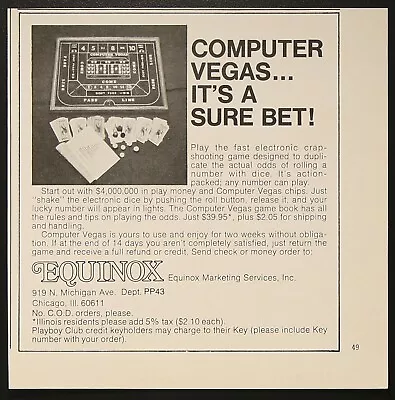 Equinox Electronic Crap Shoot Game Vintage Print Ad 1974 • $5.25