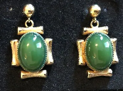 Mid Century Modern Asian Style Faux Jade Gold Tone Earrings 1” • $26