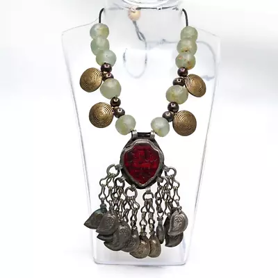 Vintage Moroccan Berber Necklace Glass Beads Carved Glass Pendant & Leaf Fringe • $79.99