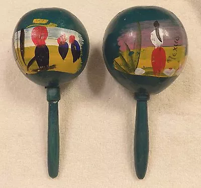 Vintage Hand Made Wooden Maracas - Hand Painted - MEXICO - FREE SHIPPING • $16.50