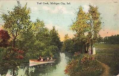 Postcard Michigan City Indiana: Trail Creek Couples In Boat • $3.50