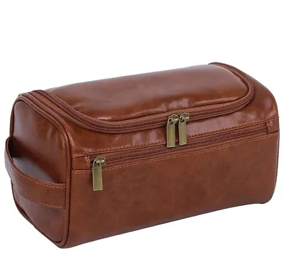 Mens Toiletry Bag With Zipper Leather Case Organizer Portable Travel Dopp Kit • $16.95