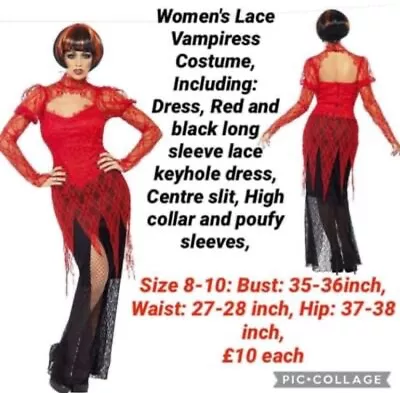 Ladies Halloween Vampire Vampiress Lace Fancy Dress Costume Size 8-10 Red • £10