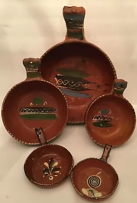 Vintage Handmade Mexican Red Clay Pottery Nesting Bowls With Handles Set Of 5  • $57.59