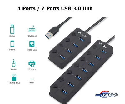 4/7 Port USB 3.0 Hub (5Gbps) High Speed On/Off Switches Adapter For PC Laptop • $12.87