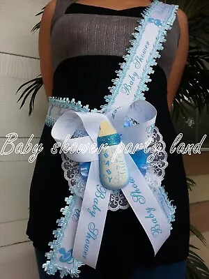 Welcome Baby Shower Mom To Be It's A Boy Sash Blue Bottle Ribbon And Corsage  • $16.99