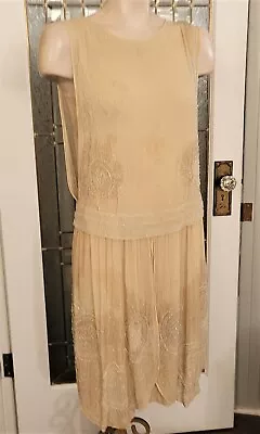 Nice Condition Beige Silk Crepe Beaded Flapper Dress But Has Discoloration :( • $38