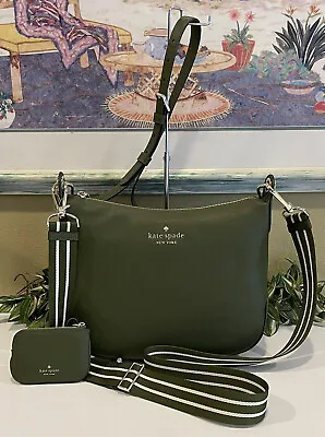 Kate Spade Rosie Larger Size Shoulder Bag Coin Pouch Olive Green Leather Stripe • $271.82