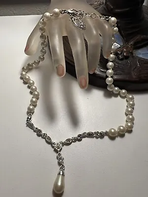 Vintage Signed TRIFARI Tag Pearl Rhinestones Drop Pendant Necklace • $31.50