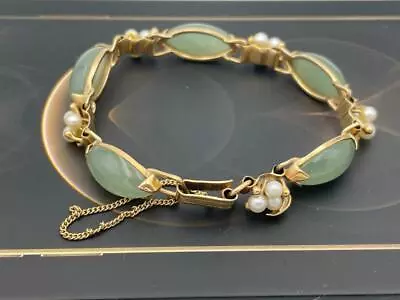Ming's Hawaii 14kt Gold Pale Green Translucent Jade Cultured Pearl Bracelet. • $2995