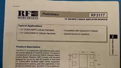 (2 PCS) RF3117 824MHz - 849MHz RF/MICROWAVE NARROW BAND LOW POWER AMPLIFIER • $10.95