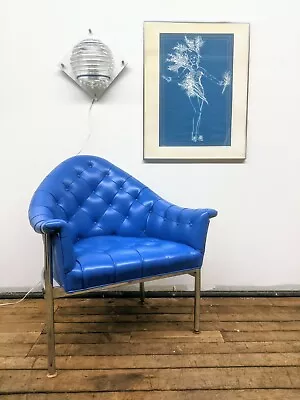 Rare Handsome Milo Baughman Mcm Tufted Lounge Chair Blue And Chrome!  • $880